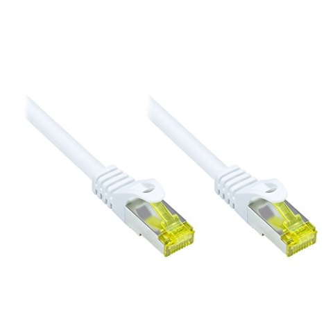 Good Connections RJ45 Ethernet LAN Patchkabel mit Cat. 7 Rohkabel und Rastnasenschutz RNS, S/FTP, PiMF, halogenfrei, 500MHz, OFC, 10-Gigabit-fähig (10/100/1000/10000-Base-T Ethernet Netzwerke) - z.B. für Patchpanel, Switch, Router, Modem - weiß,