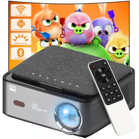 Extralink Full HD 1080p Smart Beamer 25.000 Lumen – Projektor mit WiFi & Bluetooth, 150" Bild, Kontrast 5000:1, LED Heimkino Beamer mit Android, USB/HDMI, Fernbedienung & Fokussteuerung