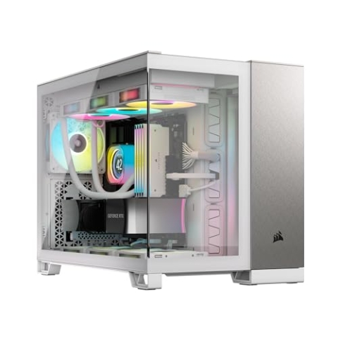 CORSAIR 2500X Small-Tower mATX-Doppelkammer-PC-Gehäuse – Gehärtetes Panoramaglas - Umgekehrte Verbindung Motherboard-Kompatibel – Keine Ventilatoren Inbegriffen – Weiß/Satin-Grau Aluminium