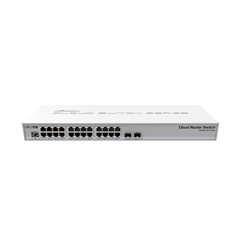 MikroTik Cloud Router Switch 326-24G-2S+RM with 800 MHz CPU, 512MB RAM, 24xGigabit LAN, 2xSFP+ cages, RouterOS L5 or SwitchOS (dual boot), 1U rackmount case, PSU