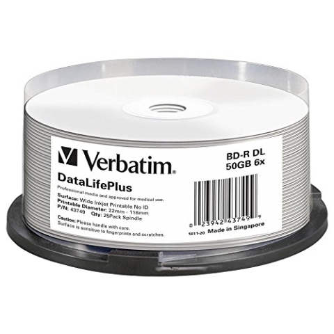 Verbatim BD-R DL Blu-ray Rohlinge 50 GB, Blu-ray-Disc mit 6-facher Schreibgeschwindigkeit, 25er-Pack Spindel, großflächig bedruckbar, Blu-ray-Disks für Video- und Audiodateien