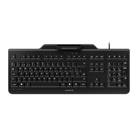 CHERRY KC 1000 SC, Kabelgebundene Security-Tastatur mit integriertem Kartenleser, Spanisches Layout (QWERTY), Plug & Play (USB-A), Flaches Design, Schwarz