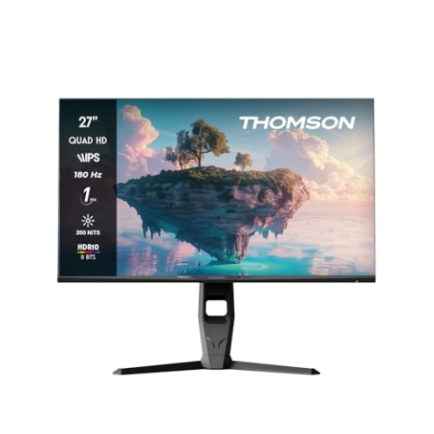 Thomson 27 Zoll QHD-Gaming-Monitor, 180 Hz IPS-Panel, RGB-Umgebungslicht, HDMI x2, Adaptive Sync, VESA-Halterung 100 x 100, Grau, M27QG5Y14