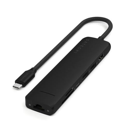 SATECHI 7-in-1 USB-C Hub Slim Plus, Multiport-Adapter, Dockingstation mit 4K HDMI, 100W Power Delivery, 2X USB-A, Ethernet, SD/MicroSD – Schwarz