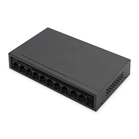DIGITUS PoE Netzwerk Switch - 10 Port - Gigabit Ethernet - Unmanaged - 8X RJ45 PoE Ports + 2X RJ45 Uplink - 60W PoE-Budget - CCTV-Modus - 10/100/1000 Mbit/s - schwarz