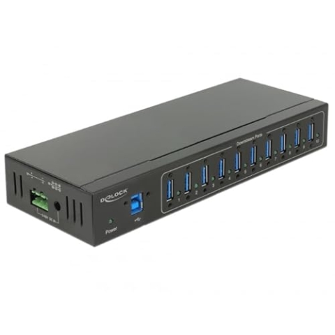 DeLock External Industry Hub 10 x USB 3.0 Type-A with 20 KV ESD Protection - Hub - 10 x SuperSpeed USB 3.0 - an DIN-Schiene montierbar, wandmontierbar - Gleichstrom, Schwarz