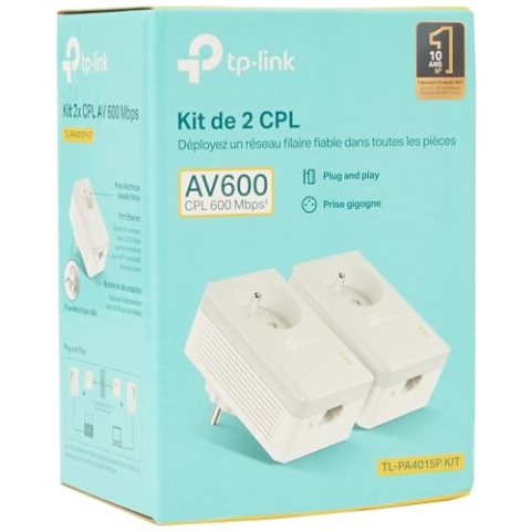 TP-Link CPL AV600 (600-Mbit/s-Debit), 1 Port Fast Ethernet, integrierte französische Version von Prise, 2er-Packung CPL (TL-PA4015P KIT) weiß