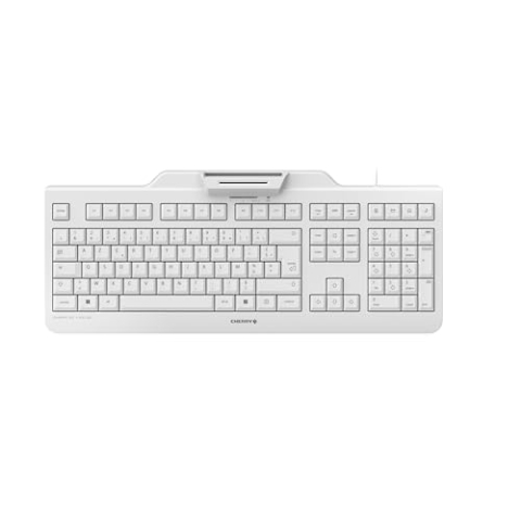 CHERRY KC 1000 SC, Kabelgebundene Security-Tastatur mit integriertem Kartenleser, Belgisches Layout (AZERTY), Plug & Play (USB-A), Flaches Design, Weiß-Grau