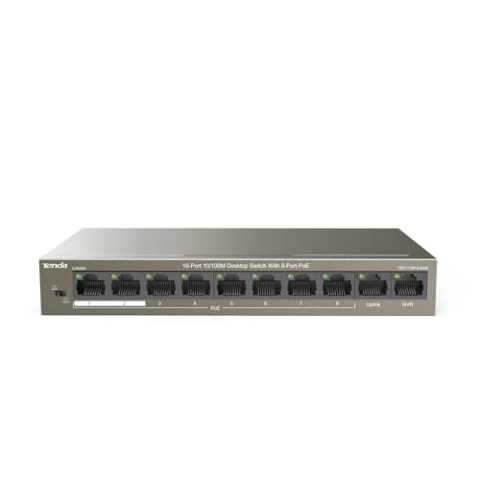 Tenda 10 Ports Fast Ethernet PoE Switch mit 8 PoE+ Ports & 2 Uplink-Ports (QoS, VLAN, 58W, IEEE 802.3af/at, 250m Übertragungsreichweite, Desktop- und Wandmontage) (TEF1110P-8-63W)