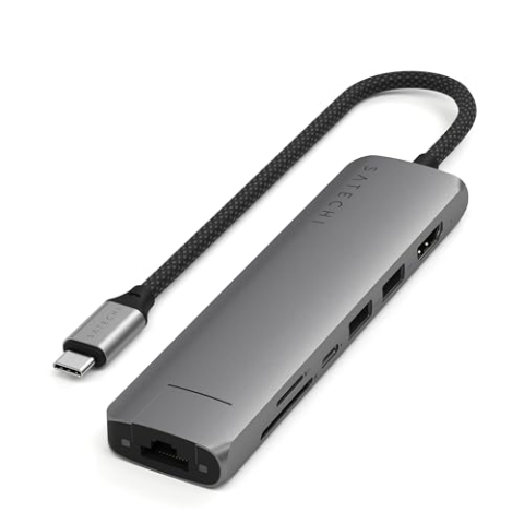 SATECHI 7-in-1 USB-C Hub Slim Plus, Multiport-Adapter mit 4K HDMI, 100W Power Delivery, 2X USB-A, Ethernet, SD/MicroSD – Space Grau