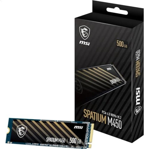 MSI SPATIUM M450 SSD 500GB - PCIe 4.0 NVMe M.2 Internal Solid State Drive, 3600MB/s Lesen & 2300MB/s Schreiben, 3D NAND, Integrierte Datensicherheit, Center- (300 TBW)