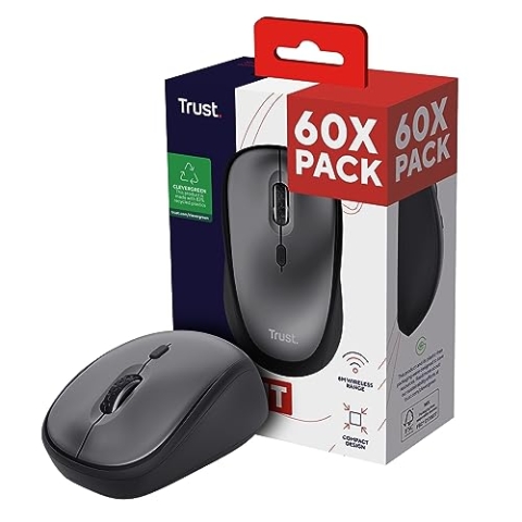 Trust Yvi+ 60 Pack - 60x Leise Funkmaus, Nachhaltiges Design, 800-1600 DPI, für Rechts- und Linkshänder, Verstaubarer USB Mikroempfänger, Kompakte Maus Kabellos für Laptop, PC, Mac - Schwarz