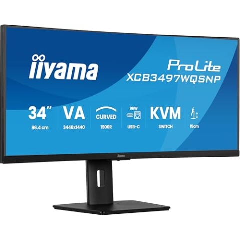 iiyama Prolite XCB3497WQSNP-B1 Curved 1500R 86.7cm 34 Zoll VA LED-Monitor UWQHD HDMI DP USB3.2 USB-C Dock 95W RJ45 KVM-Switch Höhenverstellung Adaptive Sync schwarz