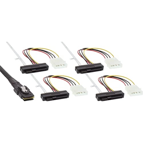 InLine 27621 SAS Anschlusskabel, Mini-SAS SFF-8087 an 4x SAS + Strom, SAS HDD an Controller, 0,75m