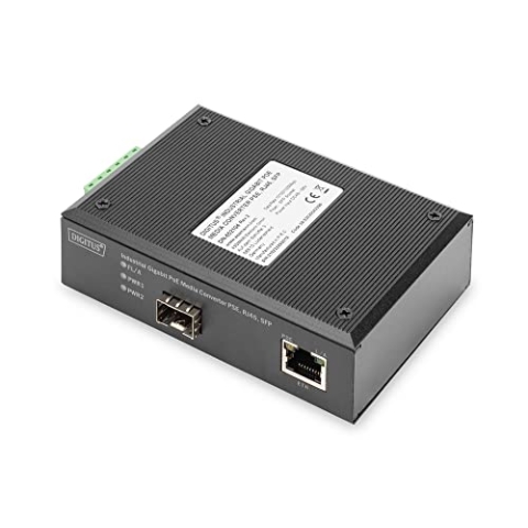 DIGITUS DIN-Rail Medienkonverter - SFP Port - Gbit Ethernet - RJ45 / SFP 1000Base-X - Mit PoE-Injektor - Schwarz