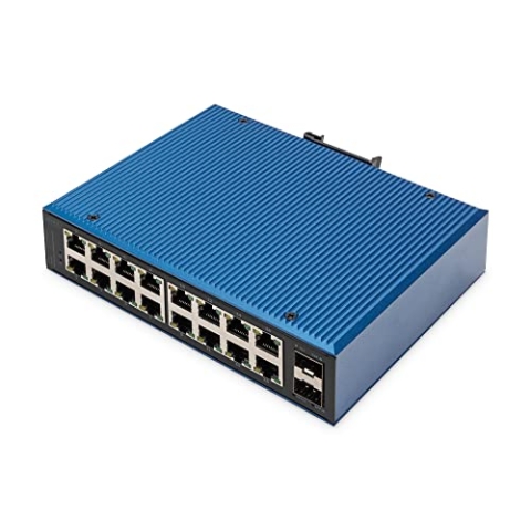 DIGITUS Netzwerk-Switch - 18-Port Gigabit Ethernet - 16x RJ45 + 2X SFP-Port - Unmanaged - 10/100/1000 Mbit/s - Hutschienen & Wandmontage - IP40 - Industrial Serie - Blau