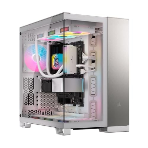CORSAIR 6500X Mid-Tower ATX-Doppelkammer-PC-Gehäuse – Gehärtetes Panoramaglas - Umgekehrte Verbindung Motherboard-Kompatibel – Keine Ventilatoren Inbegriffen – Weiß/Satin-Grau Aluminium