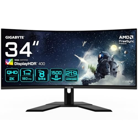 Gigabyte G34WQCP 34" WQHD Curved Gaming Monitor - 3440 x 1440, VA, 180Hz, 1ms, 1500R, 350 cd/m², FreeSync Premium, DisplayHDR 400, HDMI 2.0, DisplayPort 1.4