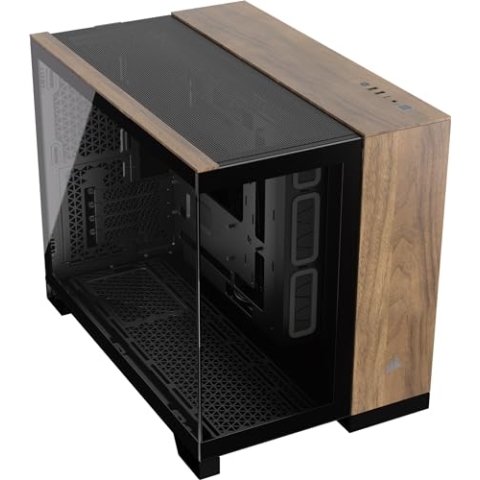 CORSAIR 2500X Small-Tower mATX-Doppelkammer-PC-Gehäuse – Gehärtetes Panoramaglas - Umgekehrte Verbindung Motherboard-Kompatibel – Keine Ventilatoren Inbegriffen – Schwarz/Walnussholz