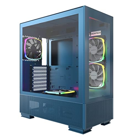 Montech Sky Two, Dual Tempered Glass, 4 x PWM ARGB Lüfter vorinstalliert, ATX Gaming Mid Tower Computergehäuse, Typ C, hohe Luftstromleistung - Marokkoblau