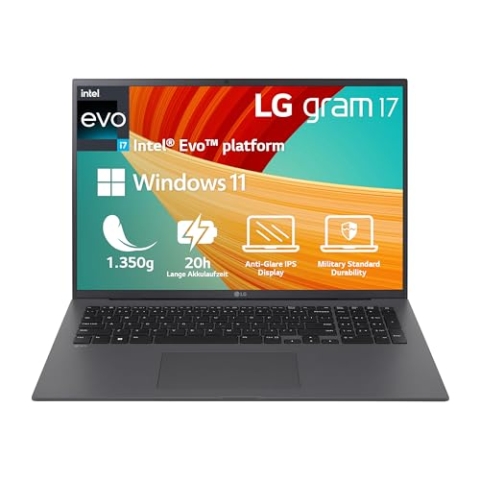 2023 LG gram 17 Zoll Ultralight Notebook - 1.350g Intel Core i7 Laptop (16GB RAM, 512GB SSD, 20h Akkulaufzeit, 16:10 Entspiegeltes IPS-Display, Thunderbolt 4, Win 11 Home, Mirametrix) - Grau