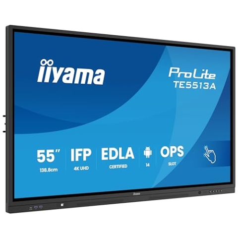 iiyama Prolite TE5513A-B1AG 138.8cm 54.6" IPS LED Large Format Display 4K UHD 40 Touchpunkte PureTouch-IR⁺ HDMI DP USB-C USB3.2 RS-232c RJ45 HDMI-Out 7H OPS WiFi Android 14 OS iiControl NFC AntiGlare