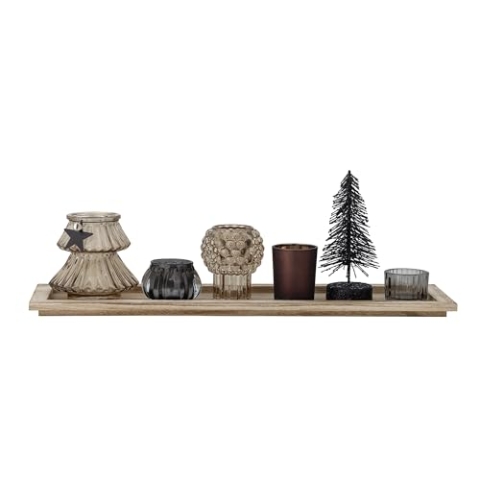 Bloomingville Sanga Tablett aus Holz mit 5 Glas-Teelichthaltern & kleinem Baum – stilvolle Tischdekoration für Herbst & Winter, perfekt für gemütliche Abende