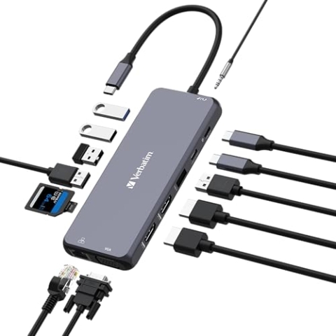 Verbatim USB C Hub 14-in-1, Multiport Adapter USB-C auf HDMI, VGA, RJ45, USBA-A und USB-C PD, mit SD Kartenleser, für Mac, MacBook Pro/Air, iPad Pro, Thinkpad, Windows Computer, Laptop und Co