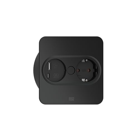 BACHMANN Einbausteckdose TWIST 2 eckig 1x Steckdose mit USB A und USB C 2m Kabel Tischsteckdose für Küche und Büro Schwarz 946.105 (mit automatische Öffnung und Anti-Fingerprint Beschichtung)