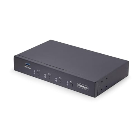 StarTech.com 4-Port KM Switch mit Mausumschaltung, USB 3.0 Umschalter, Tastatur und Maus Switch, 3,5mm/USB Audio, TAA Konform