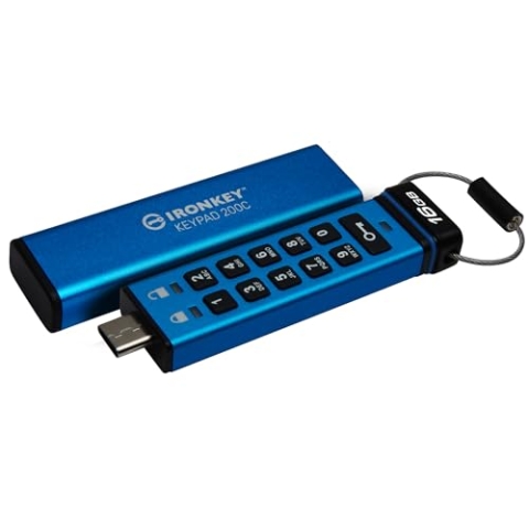 Kingston IronKey Keypad 200C 16GB Verschlüsselter USB | Alphanumerische Tastatur | Multi-Pin-Zugang | XTS-AES 256-bit | FIPS 140-3 Level 3 Zertifiziert (Ausstehend) | IKKP200C/16GB, Blau