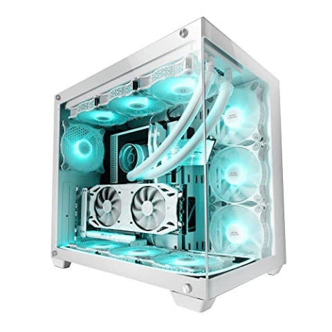 Mars Gaming MCV4 Weiß, Custom XXL E-ATX Gaming Tower, Rahmenloses Front und Seitenfenster Gehärtetem Glas, Modularer Doppelkammerrahmen