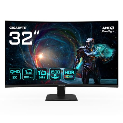 Gigabyte GS32QCA 31,5" QHD Curved Gaming Monitor - 2560 x 1440, 180Hz, 1ms, 250 cd/m², FreeSync, HDR Ready, HDMI 2.0, Displayport 1.4