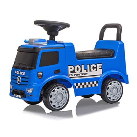 JAMARA 460475 Rutscher Mercedes-Benz Antos Polizei-ab 12 Monate, Sitzhöhe 280 mm, Kippschutz, Kofferraum unter der Sitzfläche, Schub-und Haltegriff, LED Signallichter und Sirene/Hupe, blau