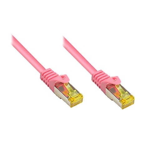 Kabelmeister® RJ45 Patchkabel mit Cat. 7 Rohkabel und Rastnasenschutz (RNS®), S/FTP, PiMF, halogenfrei, 500MHz, OFC, magenta, 50m