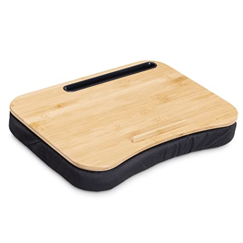 Navaris Laptoptisch mit Kissen 44x32x6cm - Laptopkissen Unterlage abnehmbar - Ständer für Laptop und Tablet aus Holz mit Polsterung - schwarz Natur
