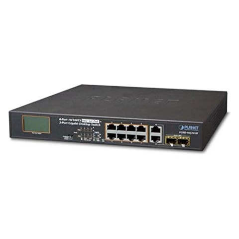PLANET 8-Port 10/100TX 802.3at Combo PoE Switch 2-Port Gigabit TP/SFP with LCD PoE Monitor 120 Watts
