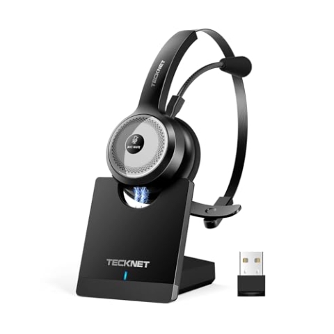 TECKNET Bluetooth PC Headset mit Mikrofon & USB Dongle [45 Std Anrufzeit & 10M Reichweite] kabelloses Headset mit Ladestation, Wireless Headset mit AI Rauschunterdrückung für Business,Büro,HomeOffice