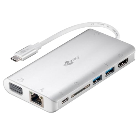 Goobay 49850 USB C Hub Multiport Verteiler 9 Ports HDMI/VGA/USB C PD / 2X USB 3.0 / RJ45 / 3,5 mm Audio/SD & microSD Kartenleser/Aluminium