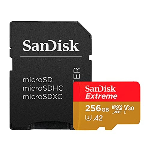 SanDisk Extreme 256 GB microSDXC Memory Card + SD Adapter with A2 App Performance + Rescue Pro Deluxe, Up to 160 MB/s, Class 10, UHS-I, U3, V30, Red/Gold