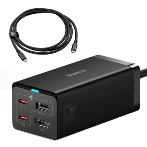 Baseus HUB GaN5 Pro Fast Charger C+C+U+HDMI with Power Cable 1.5m + Type-C to Type-C Cable (1m, 100W, 40Gb/s), Black EU (CCGP110201)