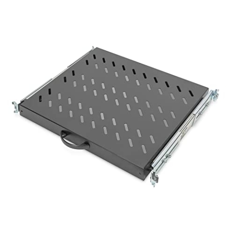 DIGITUS Ausziehbarer Fachboden - 19-Zoll - 1HE - Befestigung Vorne & Hinten - Traglast 25 kg - Für Netzwerkschänke & Serverschränke - Ab 600 mm Schranktiefe - Schwarz