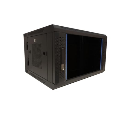 6HE Netzwerkschrank - schwenkbarer Wandschrank mit Glastür und perforierten Seitenwänden 600x600x368mm - Schwarz - Traglast 60 kg
