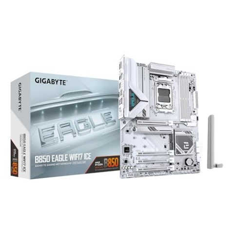 GIGABYTE B850 Eagle WIFI7 Ice Mainboard – AMD Ryzen 9000 Serie Prozessoren, digitales 8+2+2 Phasen VRM, bis zu 8200 MHz DDR5 (O.C.), 1x PCIe 5.0 + 2X PCIe 4.0 M.2, Wi-Fi 7, 2.5 GbE LAN, USB 3.2 Gen 2