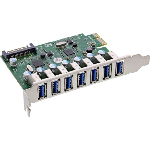 InLine PCIe USB 3.2 Karte, 7X USB-A Gen.1 Ports, 5 Gb/s, SATA Stromanschluss, VL805, für Windows & Linux, 76661L
