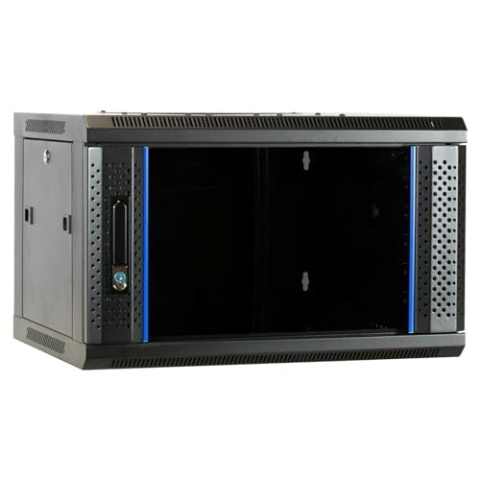 6HE Netzwerkschrank (Serverschrank) 19 Zoll Wandmontage - mit Glastür - Nicht vormontiert (BxTxH) 600 x 450 x 367mm - Schwarz - Traglast 40 kg
