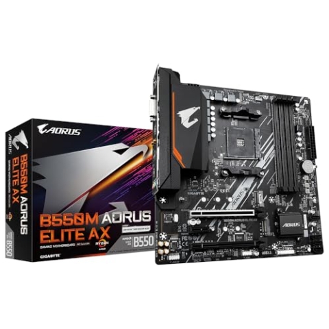 Gigabyte B550M AORUS Elite AX Mainboard - Unterstützt AMD Ryzen 5000 CPUs, 5+3 Phasen Pure Digital VRM, bis zu 4733MHz DDR5 (OC), 1xPCIe 4.0 M.2, Wi-Fi 6E, GbE LAN, USB 3.2 Gen 2