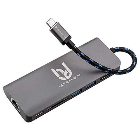 Ultra HDTV USB-C Multifunktions-Hub, edler Typ-C Datenhub mit 60W PD-Charge, Verfügbare Slots 1x HDMI Buchse, 2X USB 3.0, 1x SD-Card, 1x USB-C und 1x LAN