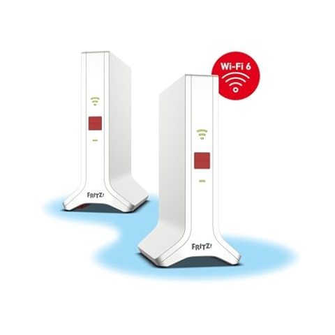 Fritz!Mesh Set 4200 2er-Set (2X Fritz!Repeater, ideal für Internetrouter oder Glasfasermodem (ONT), WLAN-Abdeckung für 3-5 Räume, Triband Wi-Fi 6 mit bis zu 4.200 MBit/s, deutschsprachige Version)