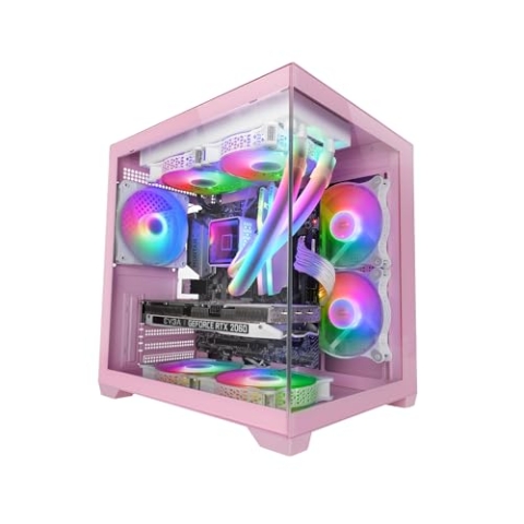 MARS GAMING MC-VIEW2, Gaming-Gehäuse MicroATX, Doppeltes Rahmenloses Gehärtetes Glas, 1x 120mm FRGB-Rücklüfter, Unterstützung für Flüssigkeitskühlung bis zu 240mm, Doppelkammer-Design, Rosa